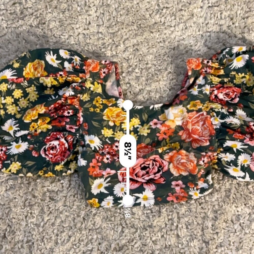 Zara Green Floral Puff Sleeve Crop Top Smocked Back Size S - Picture 8 of 8
